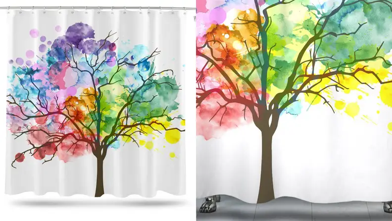 A colorful shower curtain with a tree print.