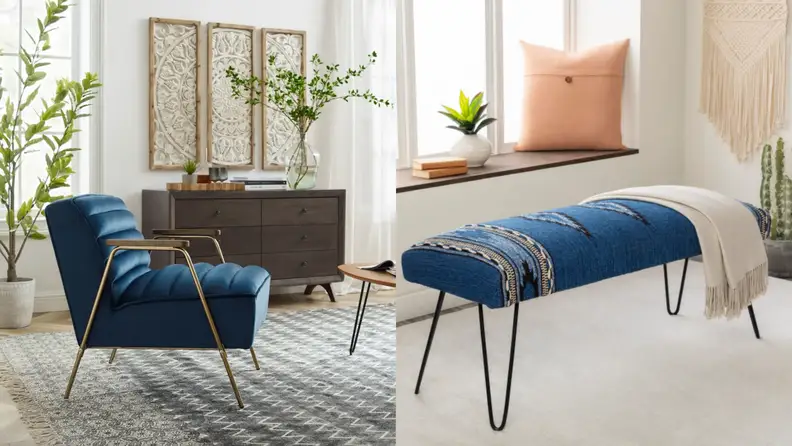 On left, navy armchair in living room. On right, navy tribal print bench in living room.