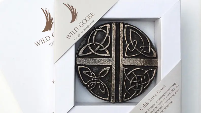 Bronze wall hanging with cross and Celtic knots