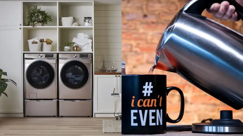 A laundry room with a washer and dryer, featured next to an electric kettle pouring water in a mug.
