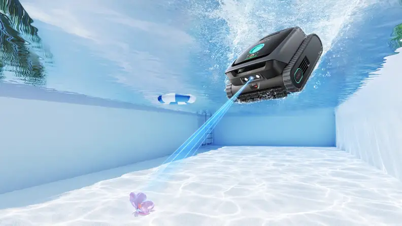 Aiper Scuba V3 underwater in a pool using advanced AI vision to detect an obstacle