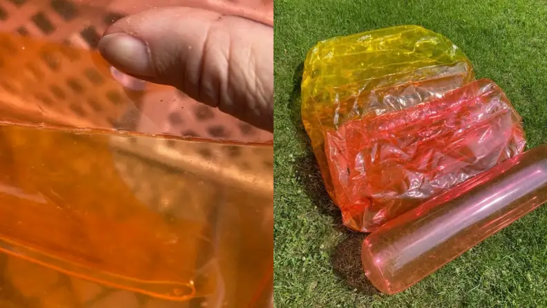 Closeup shots of the multicolored inflatable pool floats in a backyard.