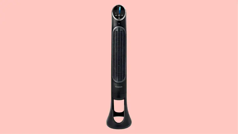A tower fan appears on a pink background.