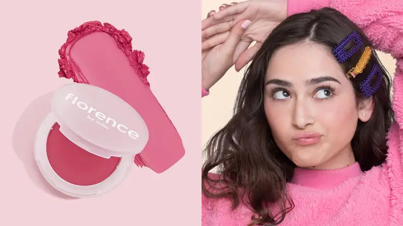 On the left: The Florence by Mills Cheek Me Later Cream Blush compact sitting open to a dark pink shade on a light pink background. There's a swatch of the blush behind the compact. On the right: A person pouts their lips and looks upward while wearing pink blush and a pink sweater.