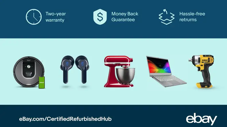 blue background with ebay certified refurbished information.