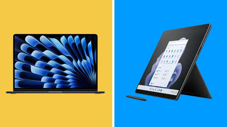 Apple laptop and Microsoft touch screen laptop on gold and blue background