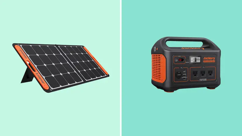 A side-by-side image of the Jackery SolarSaga 100W Portable Solar Panel and the Jackery Explorer 1000 Portable Power Station.