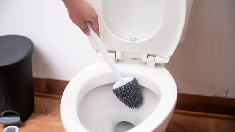 A person cleans a toilet with a toilet brush