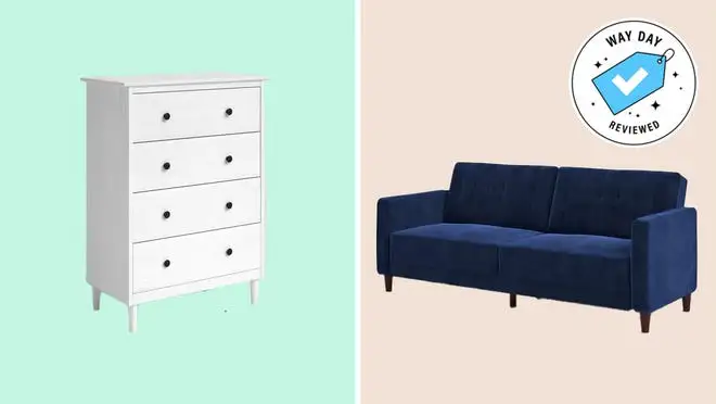 blue love seat. couch and white dresser