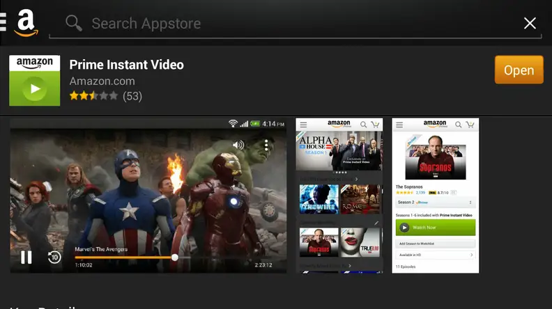 A screenshot of the Amazon Store's listing of Amazon Prime Streaming Android App.