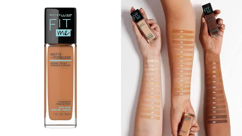 On the left, the Maybelline Fit Me Matte + Poreless Liquid Foundation in a dark shade stands on a white background. On the right, three arms of light, medium, and dark skin tones lay across a white background with swatches of each foundation shade on them. Each hand holds a foundation.