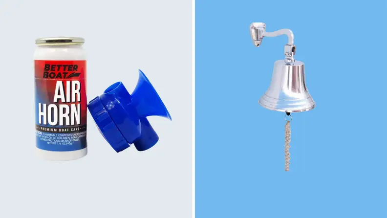 A collage of a sound horn and a bell.