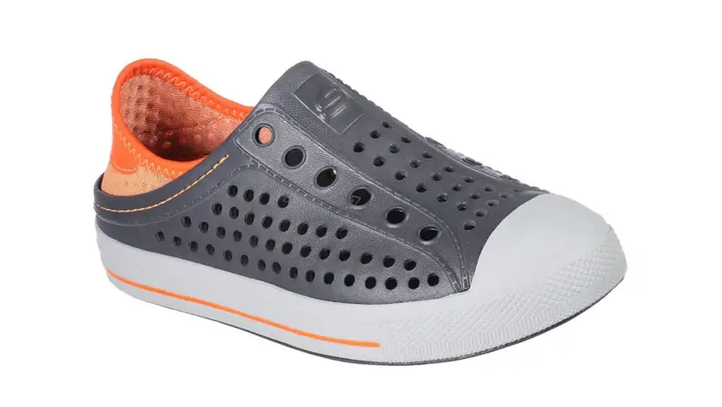 An orange and black slip-on water shoe