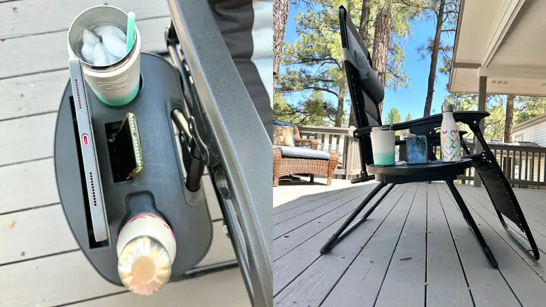 On left, close-up shot of reusable water bottles inside of side tray connected to arm rest. On right, side view of the Padded Zero Gravity Chair on deck outdoors on sunny day.