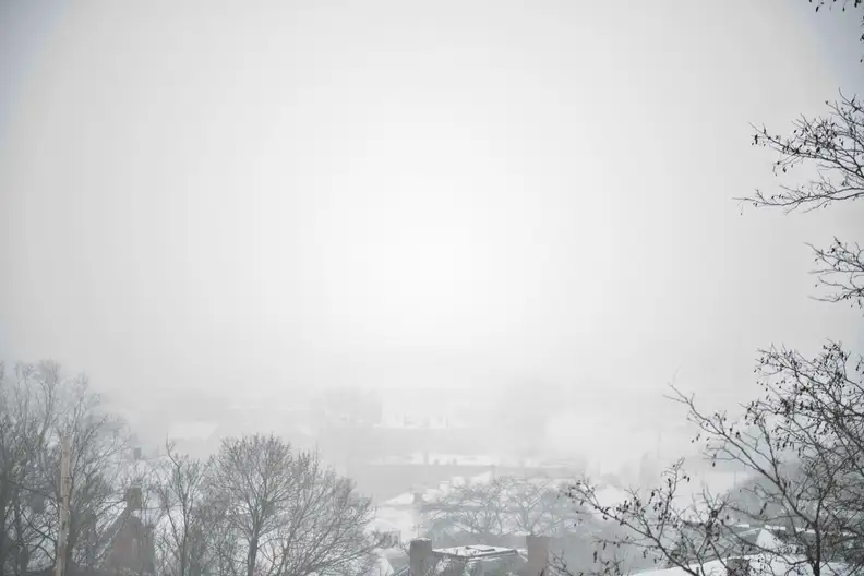 A photo of the Boston skyline taken during winter storm Juno.