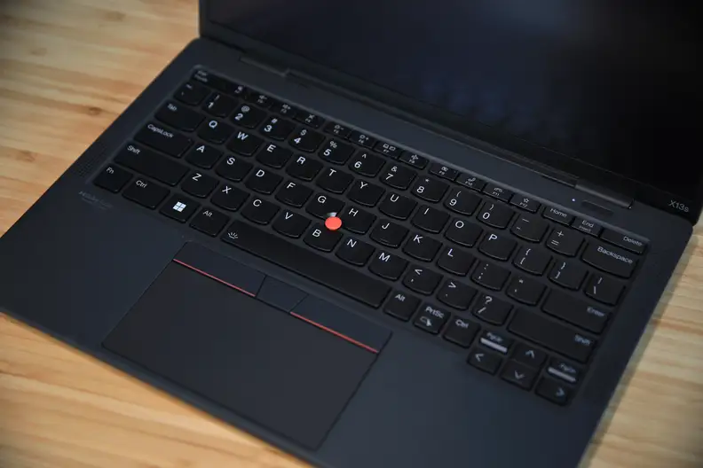 The Lenovo ThinkPad X13s opened but turned off.