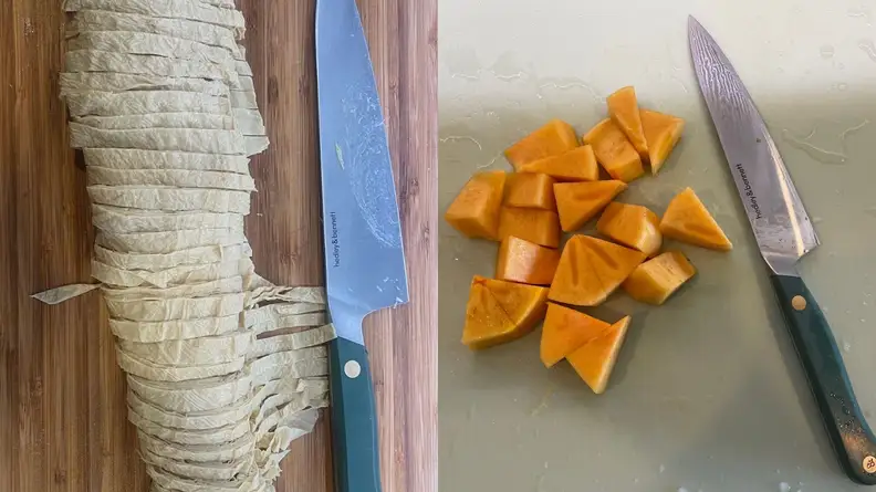 Hedley & Bennett knives sitting next to sliced loaf of bread and pile of chopped cubes of yam.