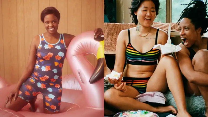 Models wear patterned TomboyX undergarments.