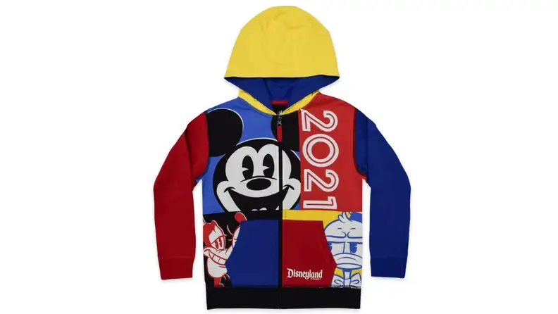 A hooded sweatshirt in primary colors with Mickey Mouse imagery and the numbers 2021