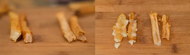The deep fried fries are on the left in both of these shots, showing how much of the fluffy interiors have been lost.