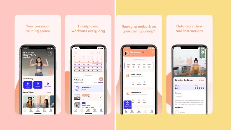 Four different screens shots of a smart features the Body by Blogilates app, with different features and exercise.