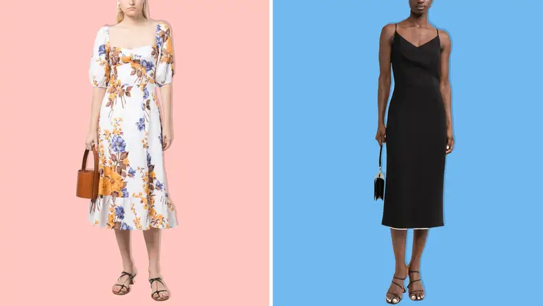 A woman wearing a flowery dress and a woman wearing a black dress on a pink and blue background.