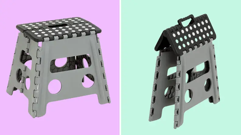 A step stool folded and unfolded against a teal and purple background.