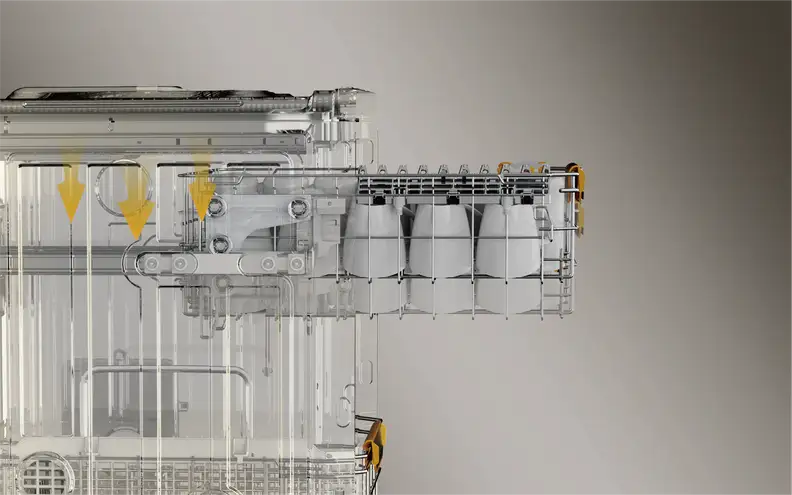 A cutaway view reveals the internal mechanisms of a Dreame washer, showing transparent components, water flow paths, and a compartment holding detergent pods.