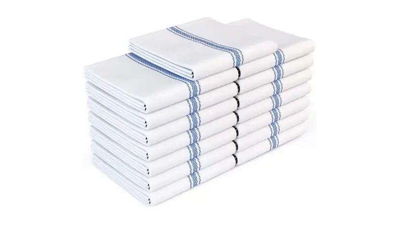 A stack of white kitchen dish towels with dark blue stripes on the outer edges.