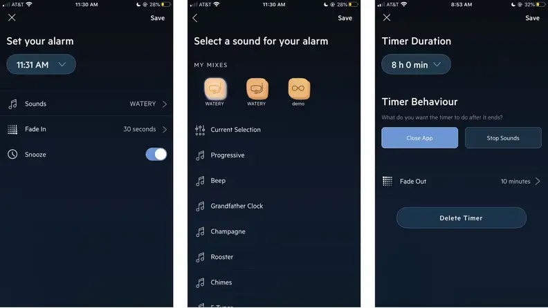 three screenshots of relax melodies, whose alarm and timer functions let users change sound, and app behavior