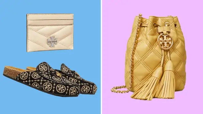 collage with slip on mule shoes, yello hobo bag, and white ard holder