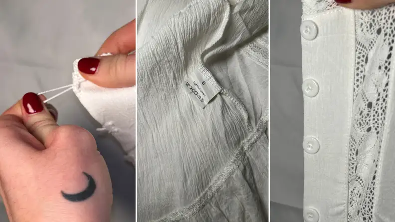 Three closeup images of a white lacy shirt showing elastic loops and fabric.