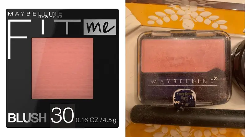 On the left: A compact of Maybelline Powder Blush in rose. On the right: A worn in Maybelline blush compact.