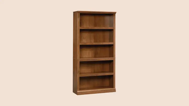 Angled front view of a Sauder 5-Shelf Bookcase with oil-oaked brown finish.