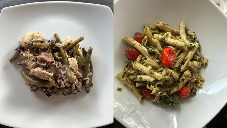 Left: plate of bland chicken and rice. Right: plate of crumbly pesto pasta