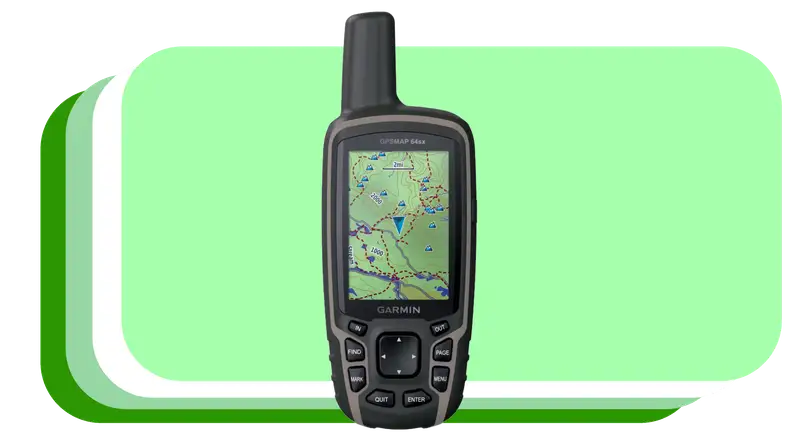 Black handheld GPS device with screen in middle.
