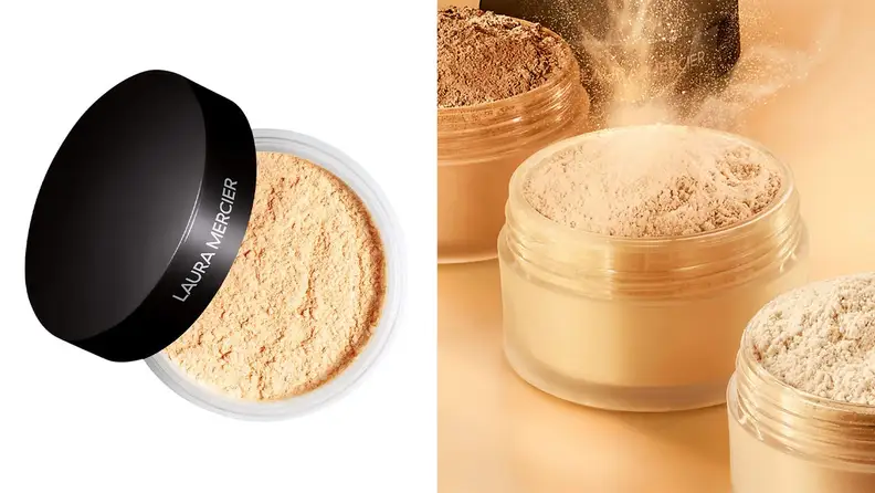 On left, cream colored setting powder from Laura Mercier. On right, three setting powders in different skin tones.