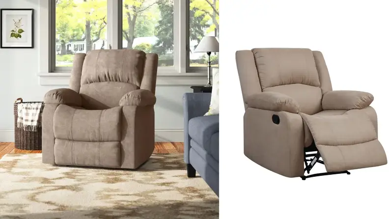 The Ebern Designs Sanie recliner in beige. It's a side-by-side image: one image shows the chair in a living room, the other shows it reclined on a white background