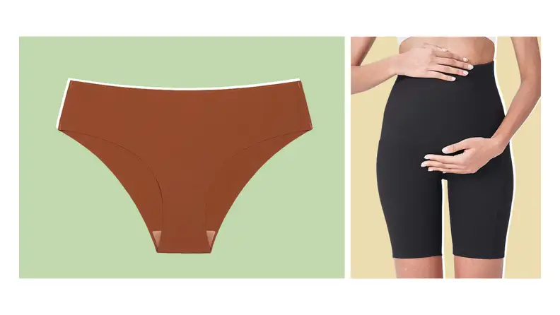 A model wearing maternity shorts and a product shot of a pair of panties.