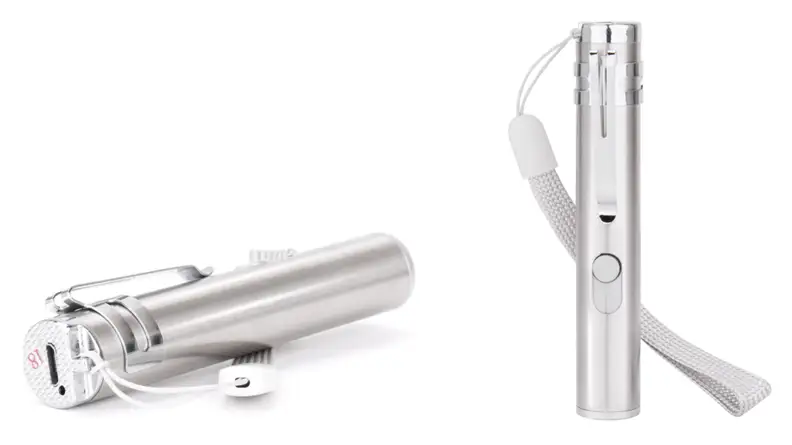 Two images of a silver laser pointer