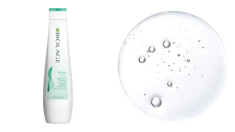 On the left: A white bottle of shampoo. On the right: A water-like droplet.