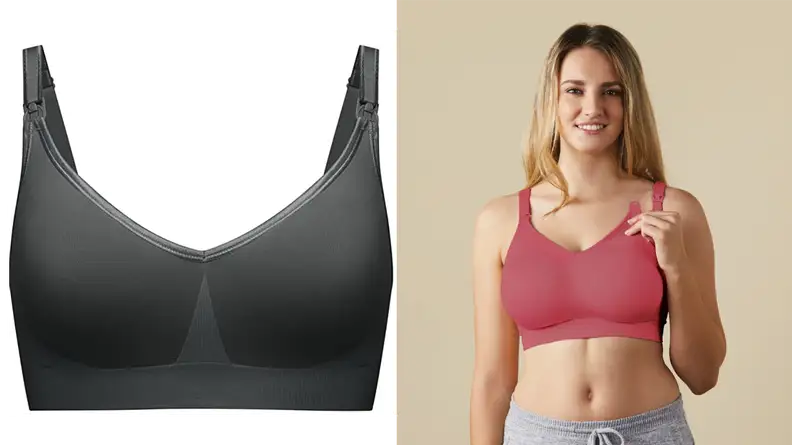 Left: A charcoal-colored nursing bra is shown against a white backdrop. Right: A blond model sports a pink version of the nursing bra.