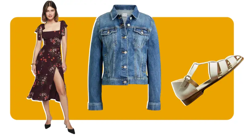 A red dress, a jean jacket, a sandal.