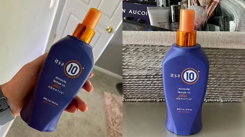 On the left: The author holding the It's A 10 Miracle Leave-In Plus Keratin spray. On right: The blue It's A 10 spray bottle sitting on a gray vanity with a basket of beauty products behind it.