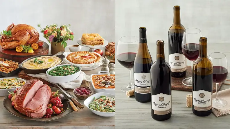 On left, a holiday spread of food. On right, several bottles of wine on a white surface