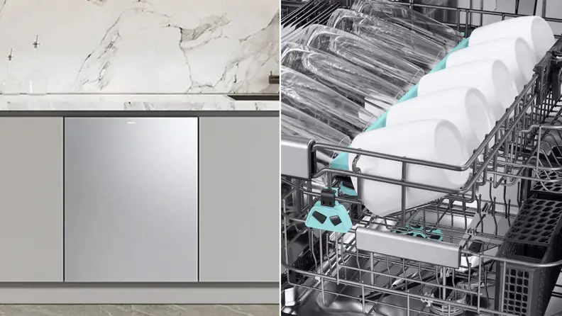 The Samsung DW90F89P0USR closed and open showing its top rack jets.