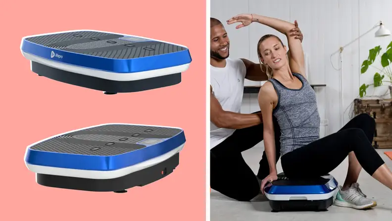 Photo collage of two Lifepro Hovert 3D Vibration Plates and a person sitting on top of the Lifepro Hovert 3D Vibration Plate while someone assists them in stretching their arms over their head.