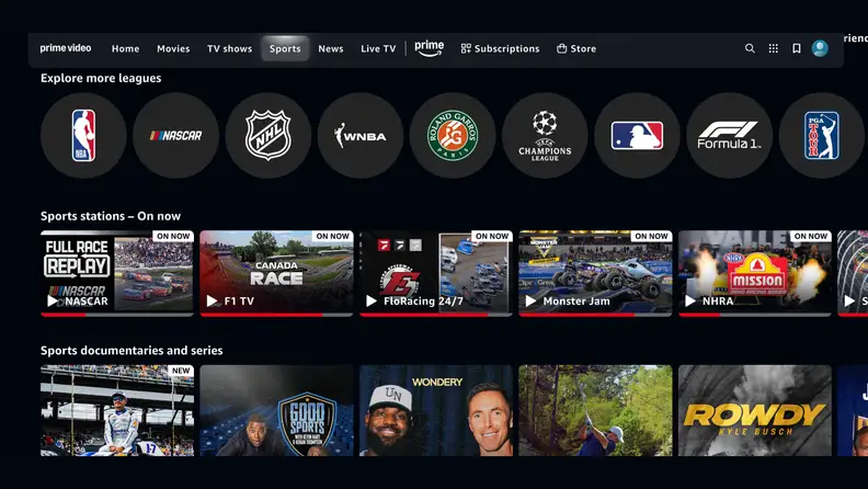 Prime Video’s Sports section displayed on a streaming interface, featuring league categories including NBA, NASCAR, NHL, WNBA, Roland-Garros, UEFA Champions League, MLB, Formula 1, and PGA Tour.