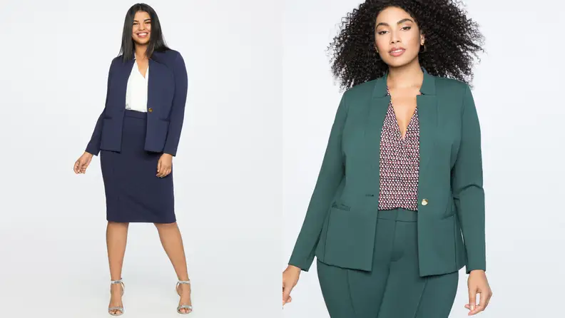 Woman wearing a blazer and pencil skirt and then close up of woman just wearing blazer and pants