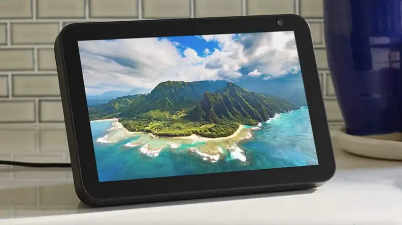 Tablet sitting on countertop.